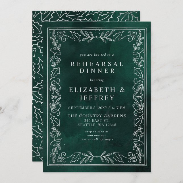 Green Silver Holly Christmas Rehearsal Dinner Invitation (Front/Back)