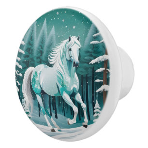 Green Silver Horse in Enchanted Forest  Ceramic Knob
