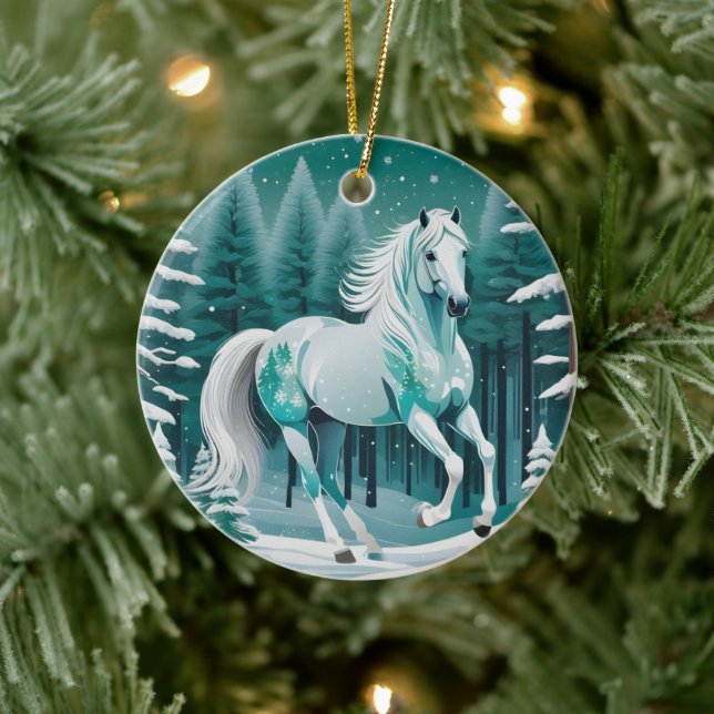 Green Silver Horse in Enchanted Forest  Ceramic Ornament (Tree)