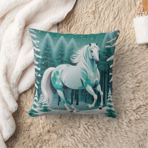 Green Silver Horse in Enchanted Forest Cushion