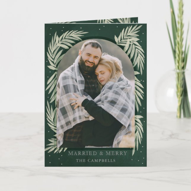 Green Silver Merry Arch Botanical Photo  Holiday Card (Front)