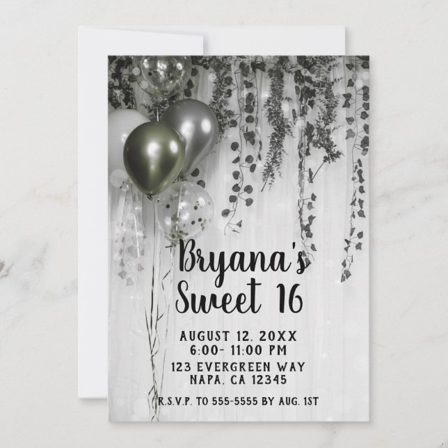Green Silver Metallic Party Balloons Ivy Sweet 16 Invitation (Front)