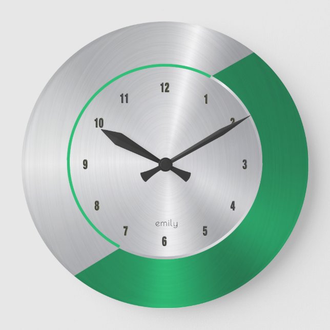 Green & Silver Modern Metallic Geometric design Large Clock (Front)