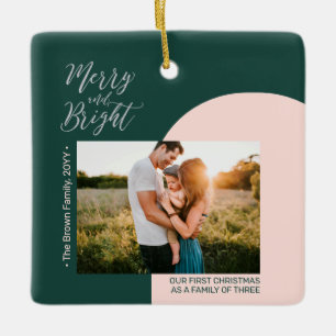 Green & Silver Modern Photo Christmas Family Ceramic Ornament