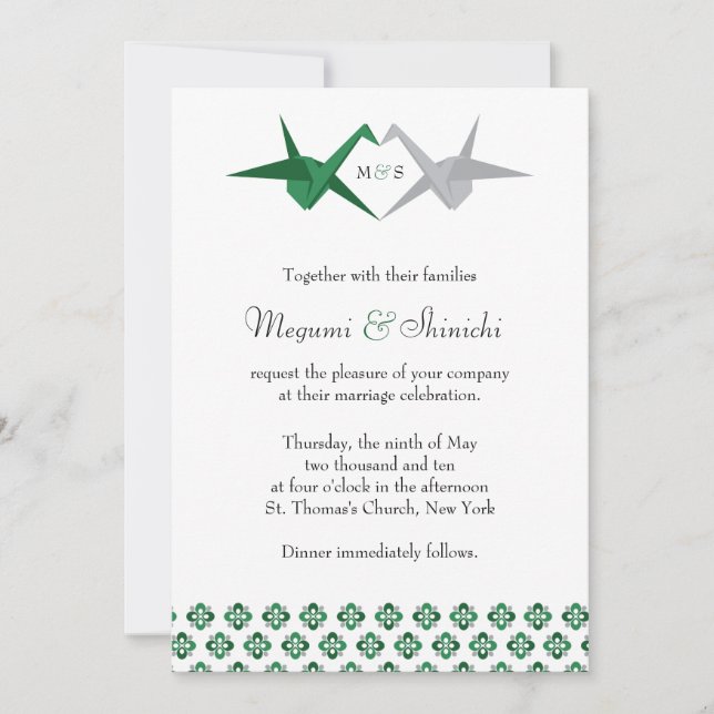 Green / Silver Origami Cranes Wedding Invitation (Front)