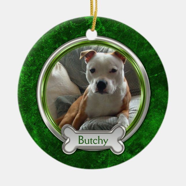 Green Silver Pet Photo Christmas Ornament (Front)