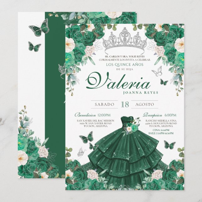 Green Silver Roses Elegant Princess Quinceanera Invitation (Front/Back)