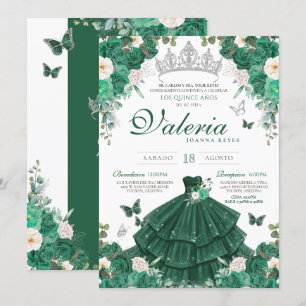 Green Silver Roses Elegant Princess Quinceanera Invitation