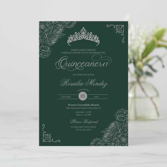 Green & Silver Roses Elegant Quinceañera  Invitation (Standing Front)
