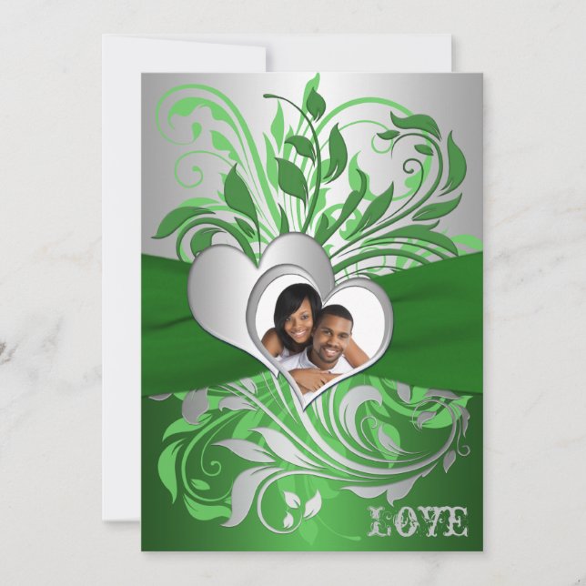 Green, Silver Scrolls, Hearts Photo Wedding Invite (Front)