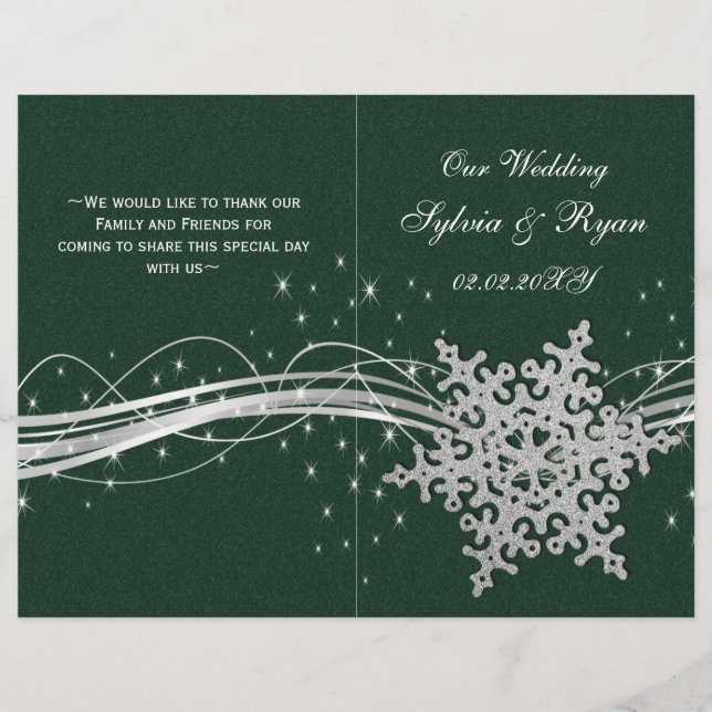 green Silver Snowflakes wedding programs folded (Front)