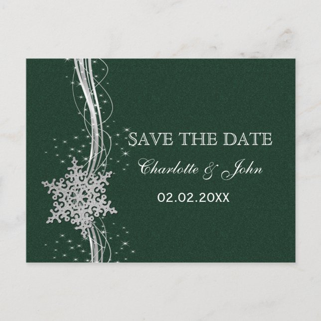 green Silver Snowflakes Winter save the Date Announcement Postcard (Front)