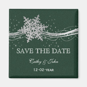 green Silver Snowflakes Winter save the Date Magnet