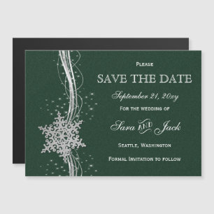 green Silver Snowflakes Winter save the date Magnetic Invitation