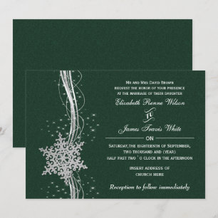 green Silver Snowflakes Winter wedding invitations
