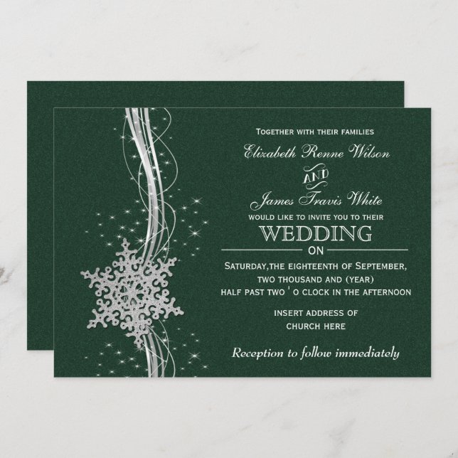 green Silver Snowflakes Winter wedding invitations (Front/Back)
