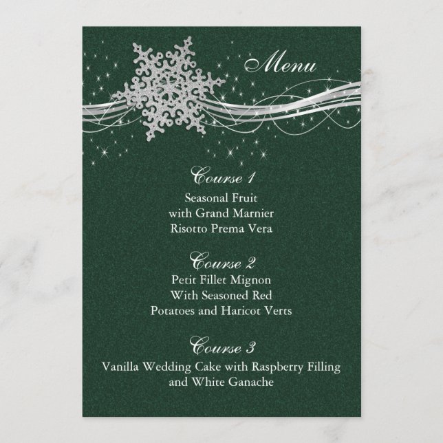 green Silver Snowflakes Winter wedding menu cards (Front)