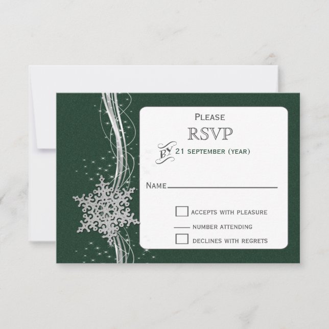 green Silver Snowflakes Winter wedding RSVP Card (Front)