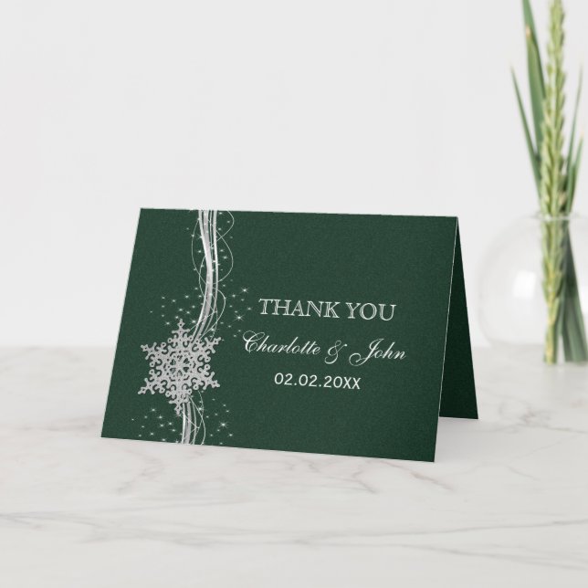 green Silver Snowflakes Winter wedding Thank You Card (Front)