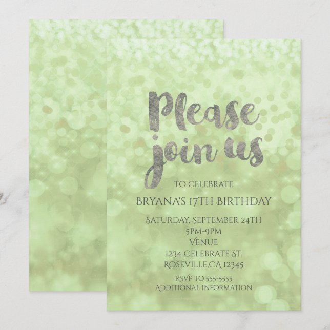 Green & Silver Sparkle Glamour Party Invitations (Front/Back)