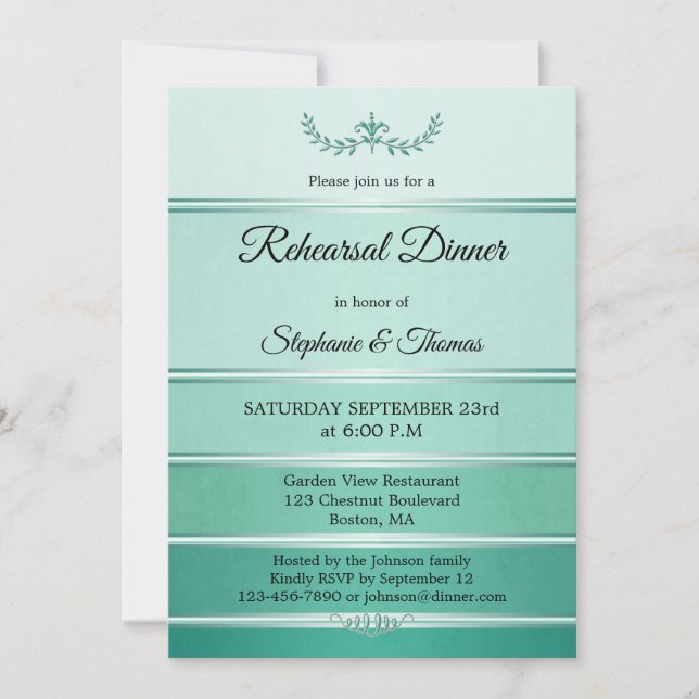Green Silver Striped Tonne sur Tonne Rehearsal Din Invitation (Front)