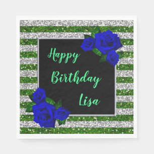 Green Silver Stripes Glitter Deep Blue Roses Napkin