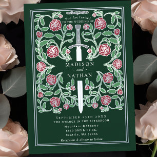 Green Silver Sword Floral Mediaeval Fantasy Weddin Invitation