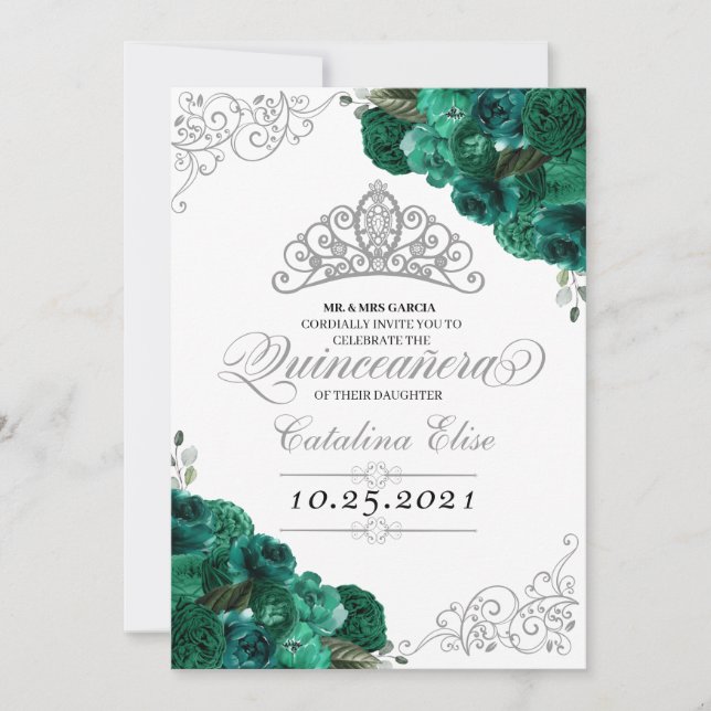 Green Silver Tiara Mis Quince Floral Birthday Invitation (Front)