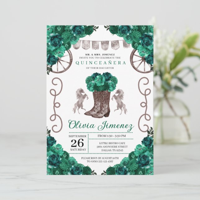 Green Silver Western Charra Boots Quinceañera Invitation (Standing Front)