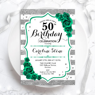 Green Silver White Stripes Floral 50th Birthday Invitation