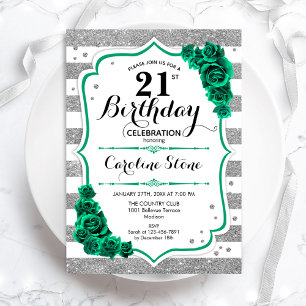 Green Silver White Stripes Roses 21st Birthday Invitation