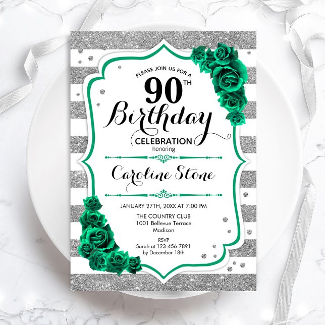 Green Silver White Stripes Roses 90th Birthday Invitation (Creator Uploaded)
