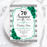 Green Silver White Surprise 70th Birthday Invitation<br><div class="desc">Surprise 70th Birthday Party Invitation. Feminine emerald green design with faux glitter silver. Features white and silver stripes,  roses,  script font and confetti. Perfect for an elegant women's bday celebration. Can be personalized to show any age. Printed Zazzle invitations or instant download digital printable template.</div>