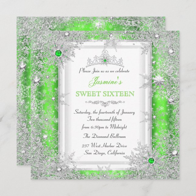 Green Silver Winter Wonderland Sweet 16 Snowflake Invitation (Front/Back)