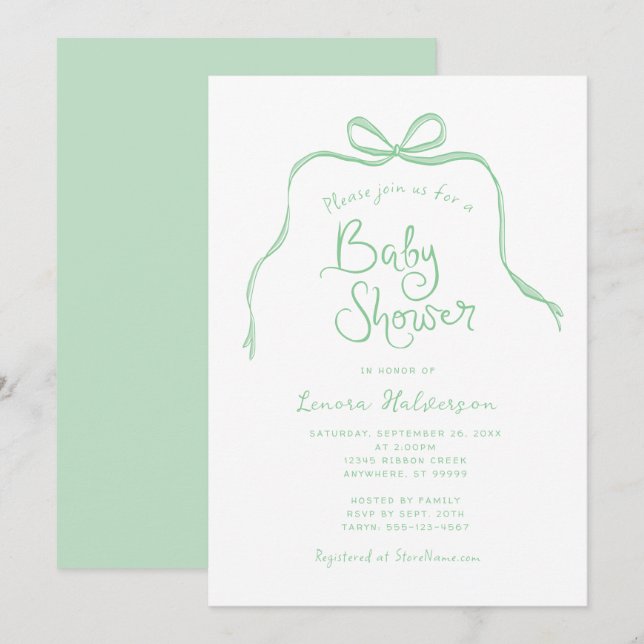 Green Simple Bow Baby Shower Invitation (Front/Back)