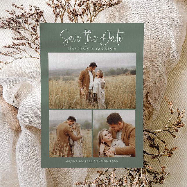 Green Simple Calligraphy Script Modern Four Photo Save The Date (Creator Uploaded)