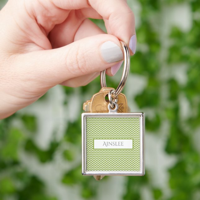 Green Simple Chevron Personalised Keychain (Hand)