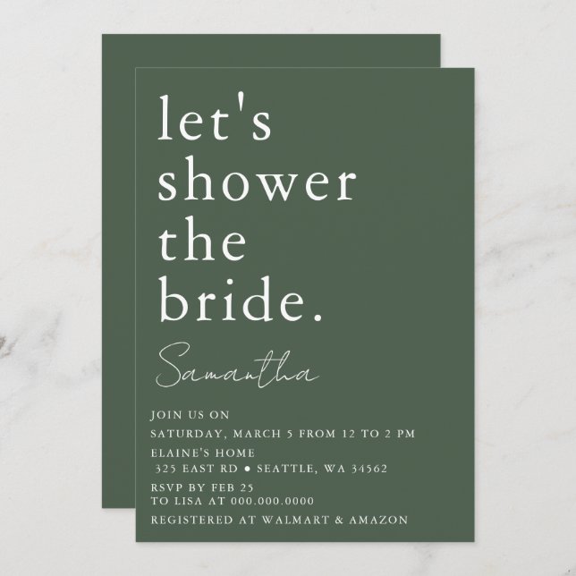 Green Simple Elegant Modern Bridal Shower  Invitation (Front/Back)