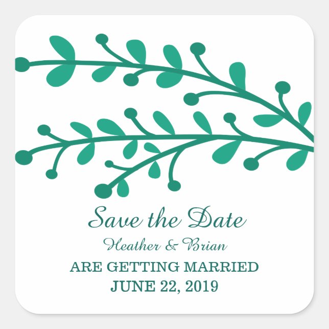 Green Simple Foliage Save the Date Square Sticker (Front)