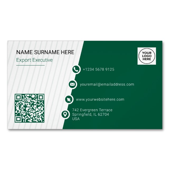 Green Simple Formal QR Code Modern Magnetic Business Card (Front)