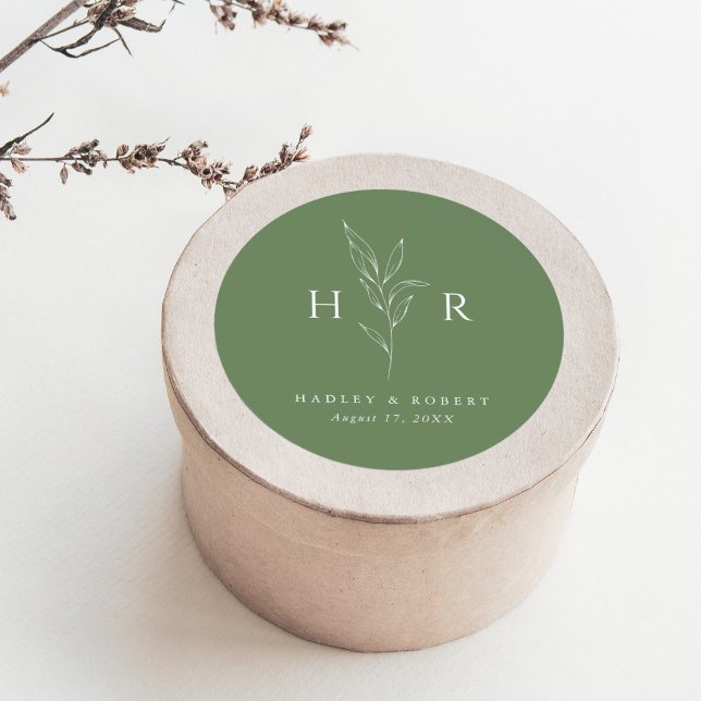 Green Simple Minimal Monogram Botanical Wedding Classic Round Sticker (Creator Uploaded)