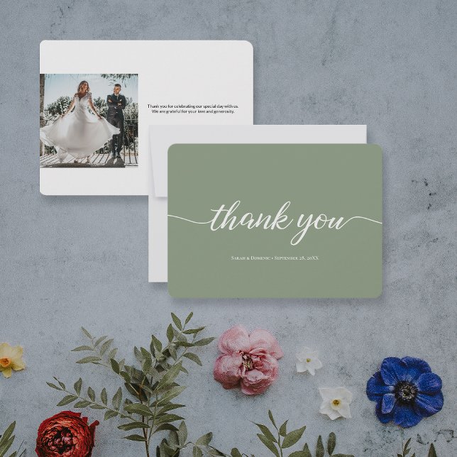 Green Simple Minimalist Wedding Thank You (Green Thank you Wedding card with photo.)
