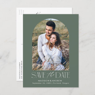 Green Simple Modern Arch Photo Save the Date Announcement Postcard