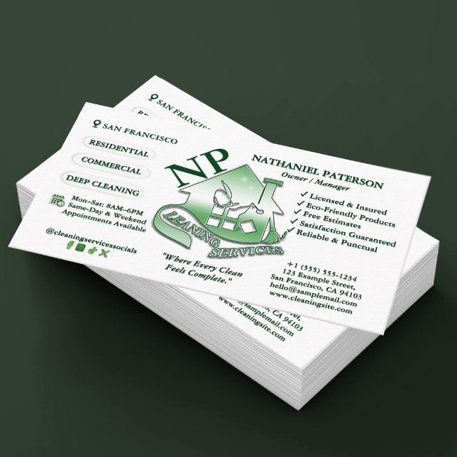 Green Simple Monogram Logo Cleaning Services Business Card (Creator Uploaded)