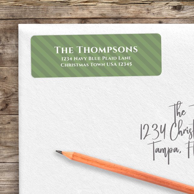 Green Simple Return Address Holiday Label (Simple cute green striped pattern with white text return address label. )