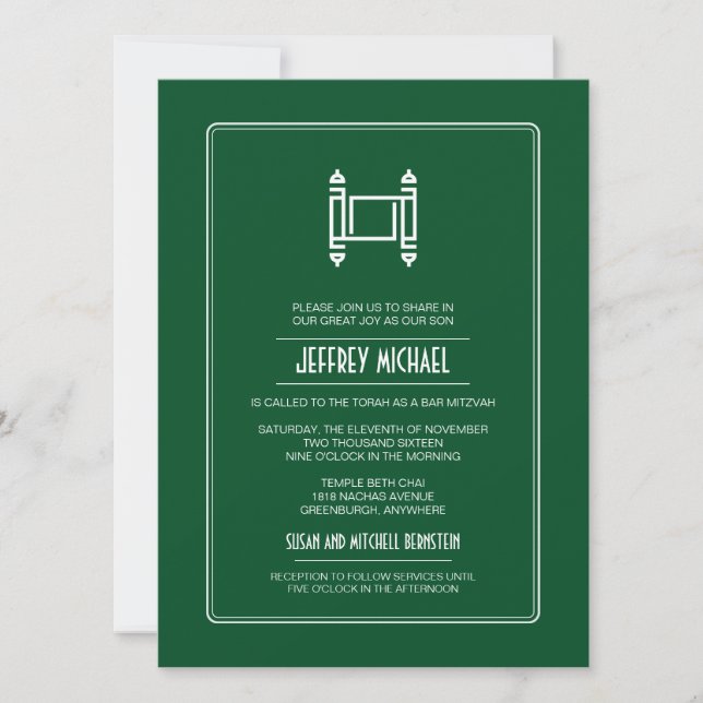 Green Simple Torah Bar Mitzvah Invitation (Front)