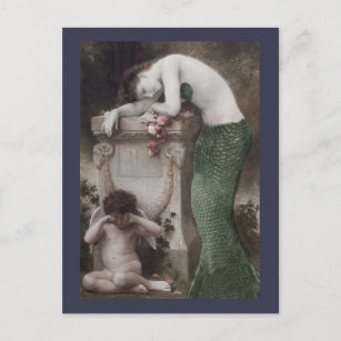Green Siren with Tiny Cupid Holiday Postcard