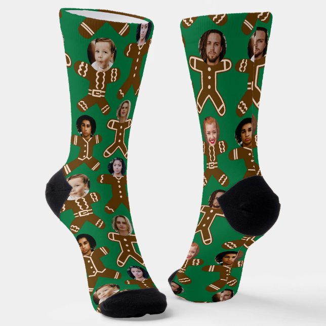 Green Six Face Gingerbread People Holiday Socks (Angled)