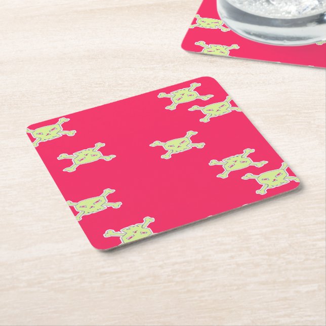 green skull and bones square paper coaster (Angled)