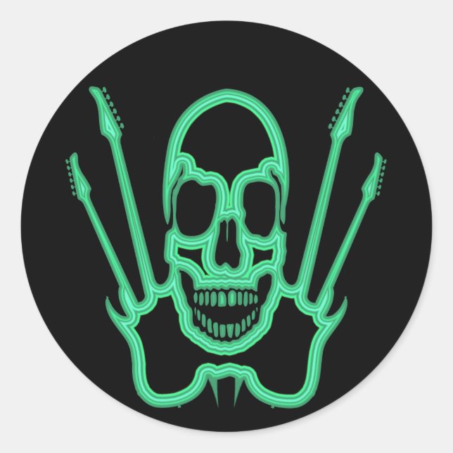 GREEN SKULL AND GUITARS CLASSIC ROUND STICKER (Front)